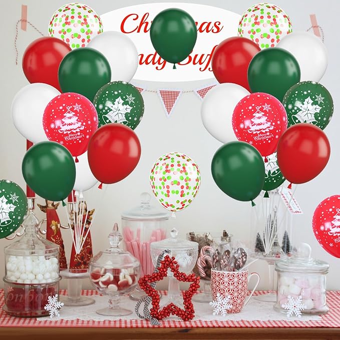 Christmas Balloons, 12 Inch Green Red White Xmax Balloons with Deer Christmas Tree Printed Balloons Red Green Confetti Balloons for Christmas Party Baby Shower Birthday Decorations Supplies