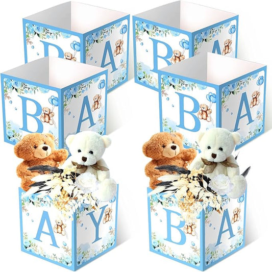 Bucherry 6 Pcs Baby Shower Centerpieces with Letters, 7" Baby Blocks Flower Boxes for Table Decorations, Gender Reveal Party Supplies & Photo Props(Blue,Blue Bear)