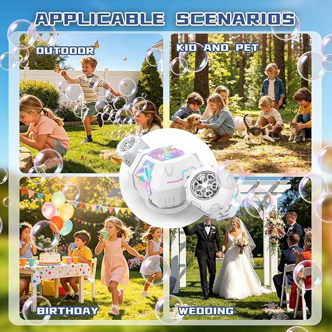 Rechargeable Dual-Nozzle Bubble Machine, 360° Auto Rotation Bubble Blower with Remote Control & RGB Lights, 30k Bubbles/Min, USB-C Bubble Maker for Kids Toddlers Parties Wedding Outdoor Birthday Gift