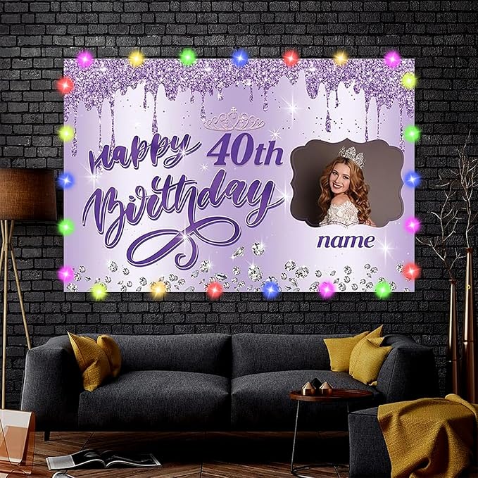 Dicodes Custom Happy Birthday Backdrop for Girls Women, Personalized Rose Gold Birthday Banner Glitter Diamond Photography Background (Purple)