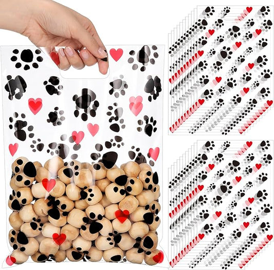 Pasimy 100 Pcs Puppy Dog Paw Gift Bags Plastic Paw Treat Goodie Bags with Handles 9 x 12 Inch for Birthday Holiday Party Favor Supplies Shopping Gift Merchandise Grocery Home Using (Black Red)