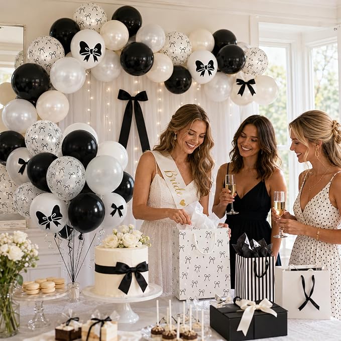 Bow Balloons, 60Pcs Black Bows Balloon, 12 Inch Latex Black and White Bow Printed Balloons with Cute Bows Ribbons for Women Girls Birthday Party Baby Shower Bridal Shower Bow Theme Party Decorations