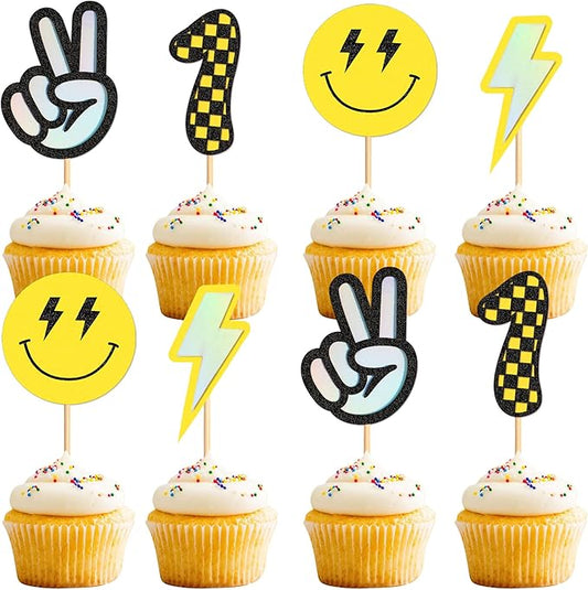 Ercadio 24 Pack Smile Cupcake Toppers Yellow 1 Lightning Scissorhands Cupcake Picks Smiley Assorted Cake For Girls Baby Shower Birthday Party Cake Decoration Supplies