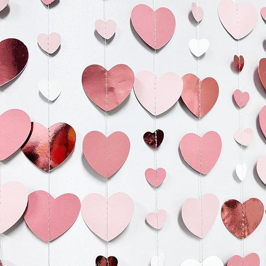 Rose Gold Party Decorations Dusty Pink Heart Garland Blush Pink Hanging Paper Streamer for Valentines Day Bridal Shower Birthday Anniversary Baby Shower Engagement Bachelorette Wedding Party Supplies