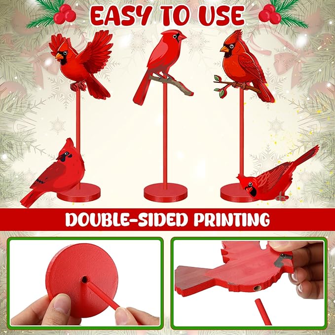 Geelin 10 Pcs Red Cardinal Decor Wooden Red Bird Decor Funeral Memorial Gift Remembrance for Family Friend Cardinal Figurines Ornament Tall Stand Block for Easter Craft Home Table Office Party