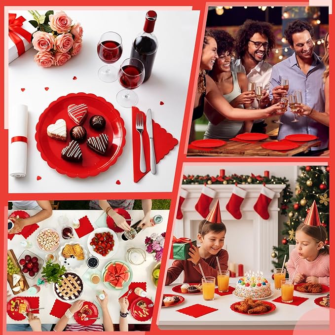 120 Pcs Red Paper Plates and Napkins Party Supplies Bulk Christmas Disposable 7 Inch Scalloped Plates Cocktail Napkins for Xmas Wedding Baby Shower Birthday Decorations, Serve 60 Guests