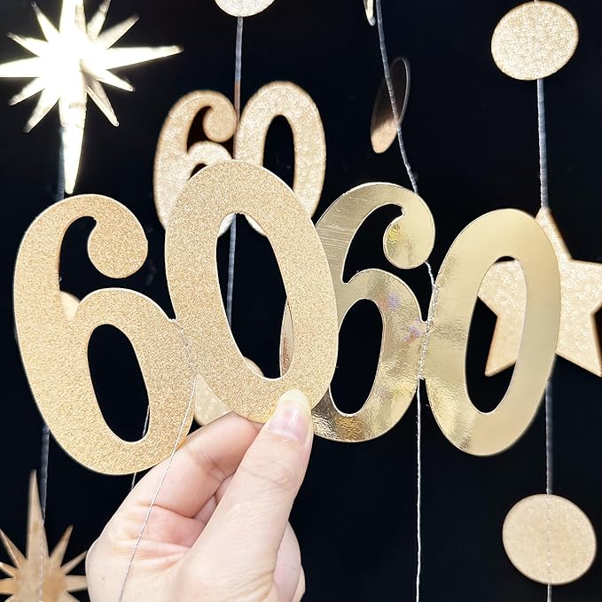 Champagne Gold 60th Birthday Decorations Number 60 Circle Dot Star Garland Metallic Streamer Banner for Women Mens Cheers to 60 Years Old Birthday Happy 60th Anniversary Vintage 1965 Party Supplies