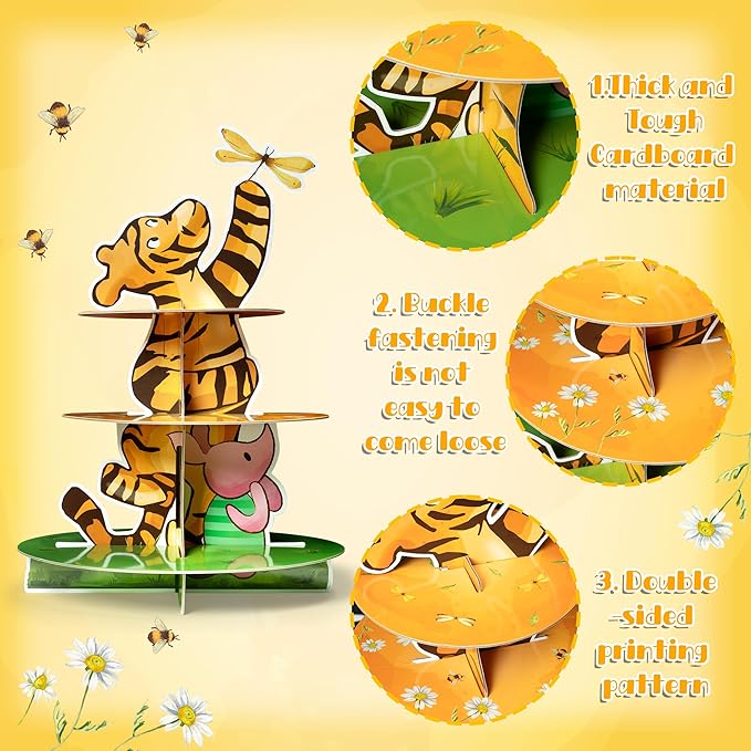 Winnie Themed Cupcake Stand - 3 Tier Winnie Cupcake Stand Holder Cupcake Tower Winnie Cardboard Dessert Holder for Baby Shower Decorations Winnie Cupcake Display Stand for Birthday Party Supply