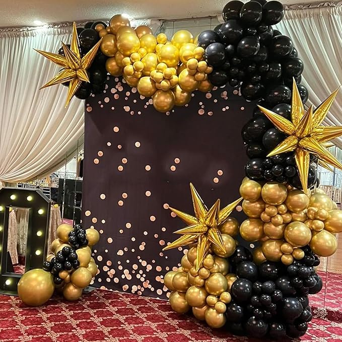 Black and Gold Balloons with 3pcs Starburst Balloons, 5 10 12 18 inch Black and Gold Balloons Garland Arch Kit for Birthday, 2026 New Years, Graduation and Anniversary Decorations Supplies