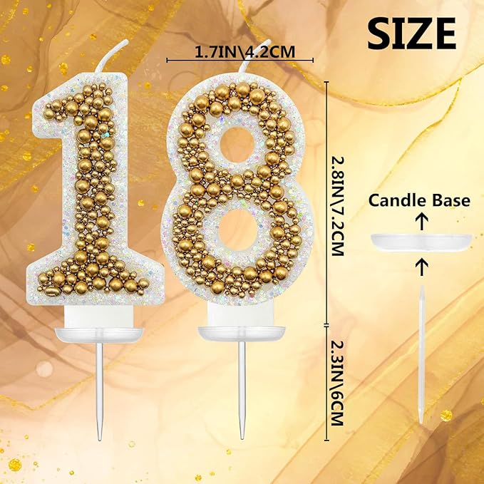 18 Birthday Number Candle for Cake, Glitter Number Candle with Gold Beads, Decorative Cake Topper for Milestone Celebrations