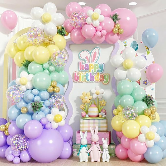 155pcs Pastel Balloon Arch Kit, Macaron Pink Blue Green Purple Yellow Rainbow Colorful Confetti Balloon Garland for Daisy Baby Shower Birthday Wedding Easter Spring Garden Tea Party Decorations