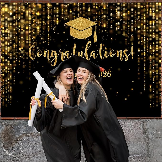 Mocsicka Class of 2026 Backdrop Black Gold Glitter Bokeh Graduation Party Background 2026 Congrats Grad Prom Party Cake Table Decoration Photo Booth Props (10x7ft)