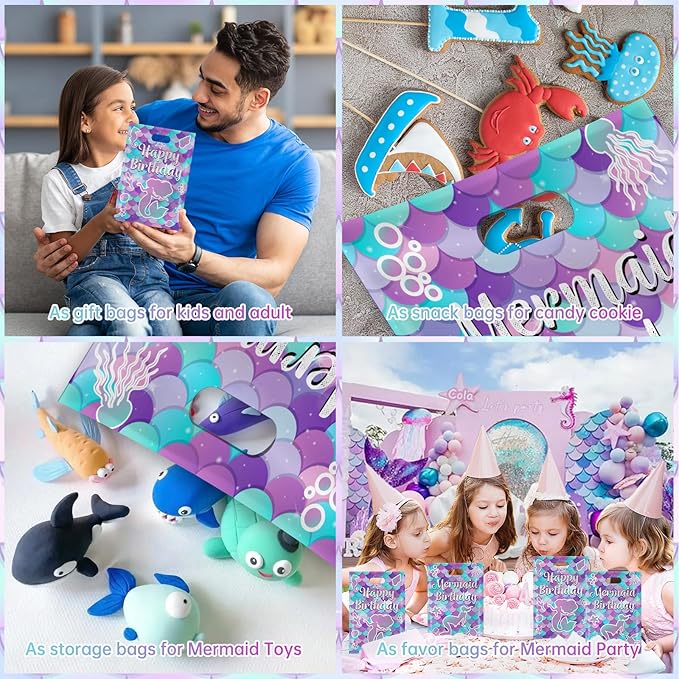 40Pcs Mermaid Birthday Party Favor Bags, Mermaid Goodie Bags with Handles,Ocean Mermaids Gift Candy Treat Bag for Kids Girls Baby Shower Mermaids Themed Under the Sea Party Decorations Supplies Favors