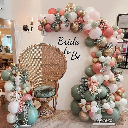 Bridal Shower Balloon Arch Garland Kit, 139pcs Sage Green Retro Dusty Pink Metallic Gold Balloons for Bachelorette Bride To Be Wedding Birthday Party Decorations