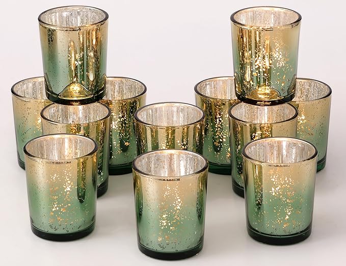 Volens Green Votive Candle Holders Set of 12, Speckles Mercury Glass Tealight Candle Holder Bulk for Table Wedding Centerpiece, Green and Gold Party Decorations & Home Decor