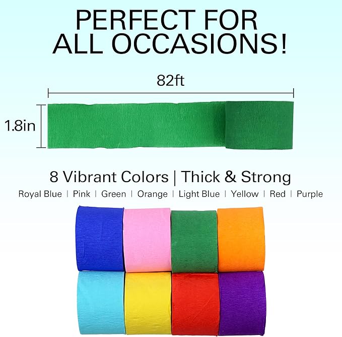 8 Rolls Crepe Paper Streamers, 8 Color Streamers 656 Ft, Rainbow Party Decorations, Streamers for Party Decorations, Birthday Decorations, Baby Shower, Wedding (1.8 in x 82 ft/Roll)
