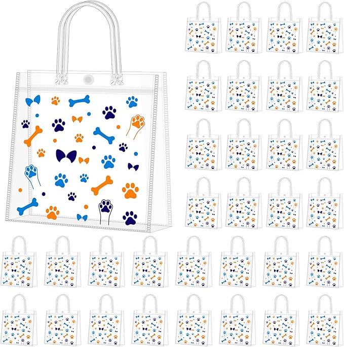 Supervitae 36 Pcs Dog Paw Clear Favor Bags with Handle Reusable Plastic PVC Gift Bag Animal Goodies Treats Wrap Totes for Christmas Birthday Party Supplies, 8 x 8 x 3.15 Inch