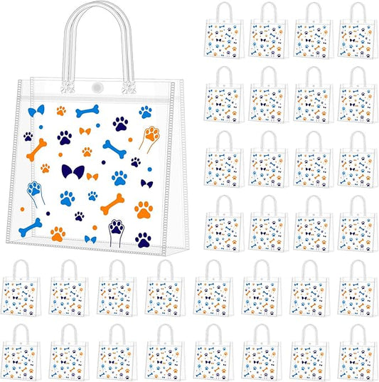 Supervitae 36 Pcs Dog Paw Clear Favor Bags with Handle Reusable Plastic PVC Gift Bag Animal Goodies Treats Wrap Totes for Christmas Birthday Party Supplies, 8 x 8 x 3.15 Inch