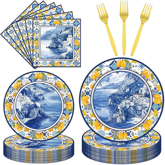 96 Pcs Amalfi Coast Party Decorations, Capri Lemon Plates and Napkins Tableware Set, Capri Lemon Party Supplies for Kids Birthday Baby Shower, Disposable Dinnerware Serve 24 Guests