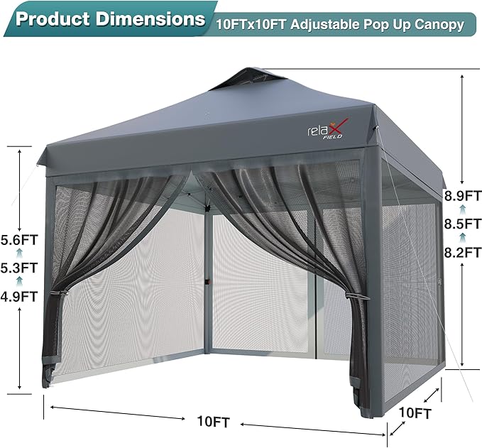 10x10 Pop Up Canopy Tent with Mosquito Netting, Outdoor Portable Screen Tent for Yard, Party, Camping and Picnic, 3 Height Positions, Patio Gazebo with Roller Bag and 4 Sandbags