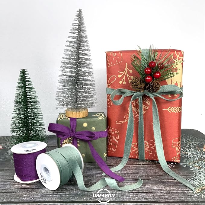 Velvet Ribbon Set 3/8" x 10 Yards, 2 Rolls 20 Yards, Dseason Handmade Purple Velvet Ribbon Set for Party Decor & Bow Making, Christmas Tree, Wreath Decoration, DIY Crafts Decoration