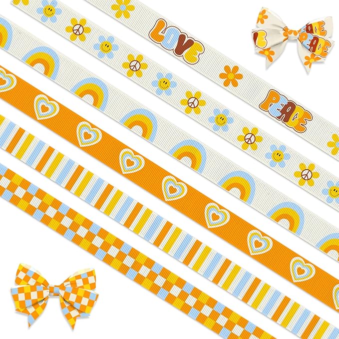 6 PCS Birthday Ribbons for Crafting, 3/8" Width Grosgrain Ribbons Orange Yellow Ribbon Baby Shower Heart Flowers Craft Ribbons for Gift Wrapping 1st Birthday Decoration