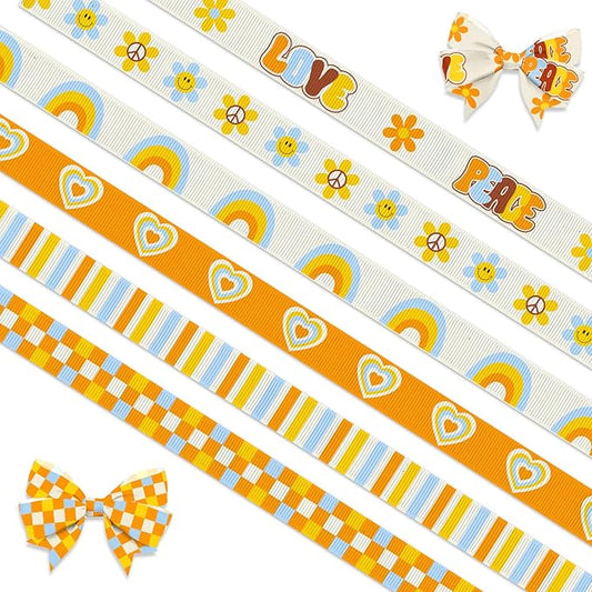 6 PCS Birthday Ribbons for Crafting, 3/8" Width Grosgrain Ribbons Orange Yellow Ribbon Baby Shower Heart Flowers Craft Ribbons for Gift Wrapping 1st Birthday Decoration
