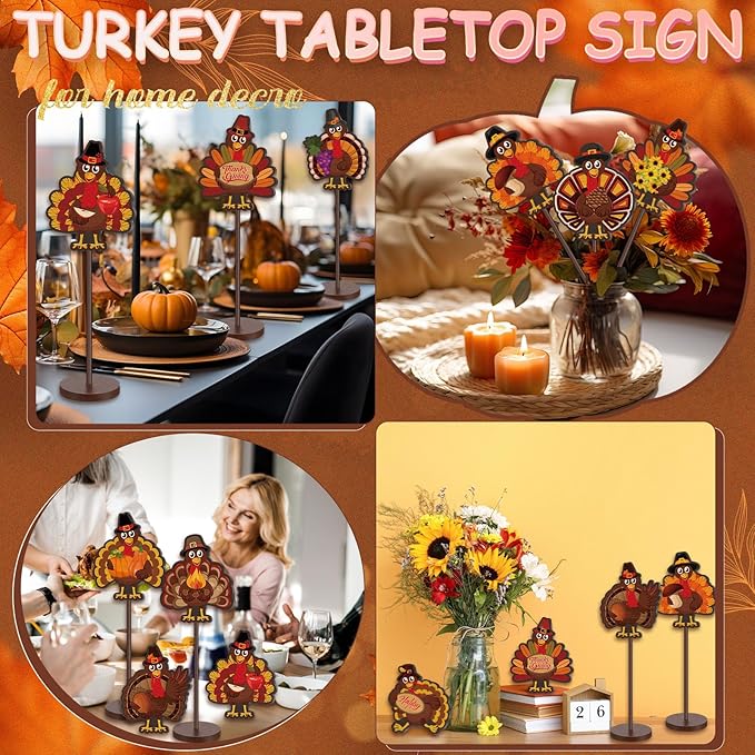 Geelin 10 Pcs Thanksgiving Turkey Decoration Wooden Turkeys Thanksgiving Table Sign Centerpiece Wood Tall Standing Block Set for Party Farmhouse Office Harvest Day Desk Decoration(Mature Turkey)