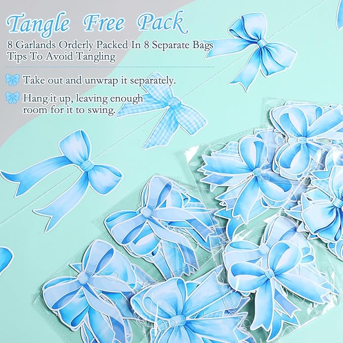 Daifunli 8 PCS Bow Decorations Bow Hanging Banners Garland Banners Paper Cutouts Ribbon Streamers for Birthday Bridal Engagement Bachelorette Wedding Party Decor (Blue)