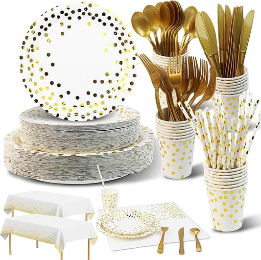 Party Supplies 402pcs White & Gold Plates and Napkins Sets - Disposable Dinnerware Sets for 50 Guests with Paper Plates Cups Straws Plastic Cutlery 2 Tablecloths - Bridal Shower Birthday Wedding