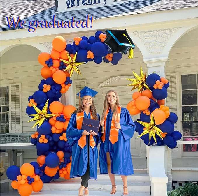 Orange and blue Graduation Balloon Garland Arch Kit with foil star crown graduation cap balloons for School students graduate class of 2026 Prom Party Decorations (Royal Blue Orange)