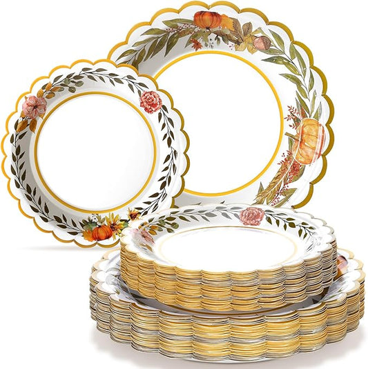 Havawish 60 Pcs Thanksgiving Paper Plates Harvest Fall Party Decorations Pumpkin Autumn Floral Leaves Plates Disposable Tableware Party Supplies for Thanksgiving Autumn Harvest Table Decor