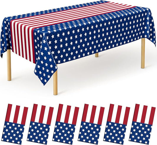 6 PACK 4th of July Decorations, 108" X 54" 250th Anniversary Patriotic Plastic Table Cover, Disposable Water Proof Fourth of July Tablecloths, Red White Blue USA Decor Memorial Day Party Supplies