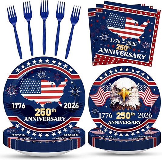 100 Pcs 250th Anniversary Party Supplies - Serves 25, Red White Blue Disposable Tableware, Includes Paper Plates, Napkins, Plastic Forks for 1776-2026 Patriotic Decor, Independence Day, 4th of July