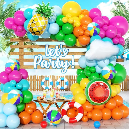 Tropical Hawaiian Balloon Garland Arch Kit 160Pcs, Summer Beach Pool Balloons Arch Kit with Beach Ball Pineapple for Birthday Hawaiian Luau Pool Beach Party Baby Shower Coconut Party Decor