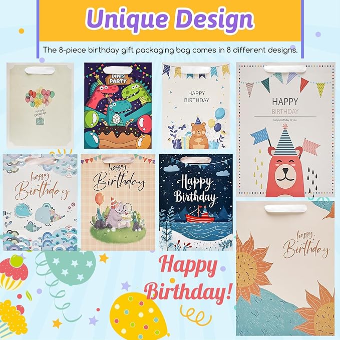 UOKHO Birthday Gift Bag with Handle and Tissue Paper, 8 Pcs Reusable Gift Bags Assorted Sizes and Designs, Large, Medium, Small Size Birthday Gift Bag for Kids, Women, Men -15“,13“, 9“