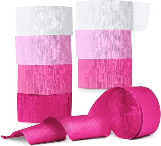 Pink Crepe Paper Streamers, Pink Party Decorations - 8 Large Rolls, 2in x 120ft Each Roll - Decorative Creped Roll for Birthday, Festival, Wedding, Backdrop or Photo Booth Decoration and Flower Making
