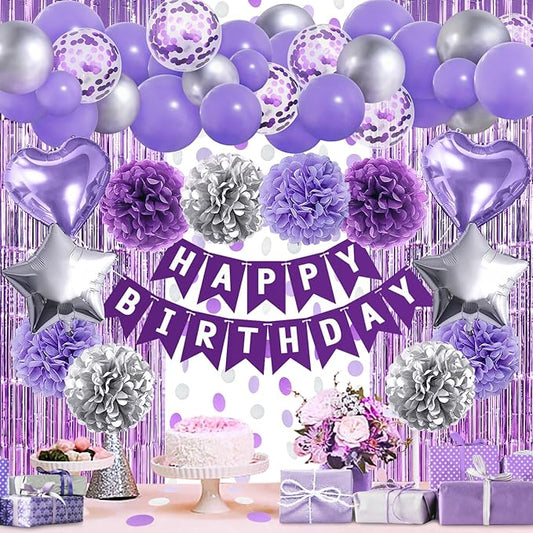 ZERODECO Purple Silver Birthday Party Decorations for Women Girls, Happy Birthday Banner Pompoms Balloon Arch Fringe Curtain Party Décor for Baby Girls Women Purple Silver Party