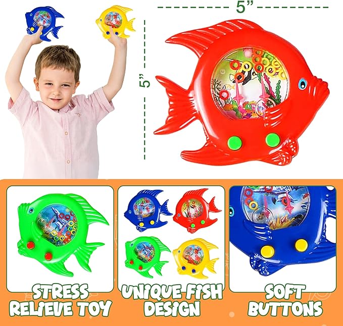 Fish Water Ring Toss Toy - (Pack of 12) Water Ring Game Handheld Fun Aqua Arcade Retro Game Pocket Travel Toys for Car Road Trip Activities for Kids Birthday Party Favors Goodie Bags Stuffers for Kids