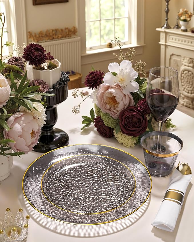 Hioasis 175pcs Black Gold Plastic Plates - Black Plastic Dinnerware Set Includes 25 Dinner Plate, 25 Dessert Plate, 25 Cups, 25 Napkins Perfect for Wedding & Party