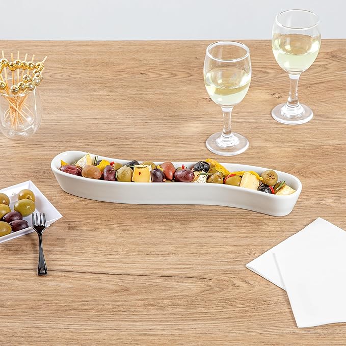 Restaurantware Swerve 10 Ounce Olive Plate 1 Curved Olive Tray - Medium Chip Resistant White Porcelain Olive Canoe Dishwasher Safe For Snacks Condiments Or Appetizers