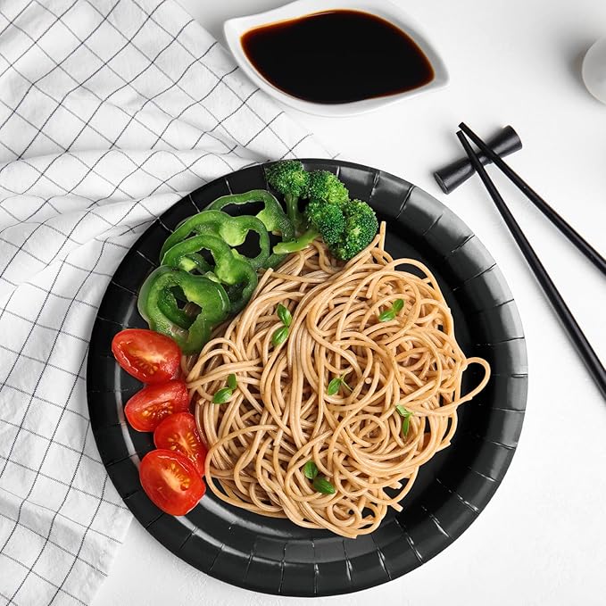 50 Pcs Party Plates, Black Disposable 9 inch Paper Dinner Plates Sets Party Supplies for Birthday Baby Shower Wedding Picnic