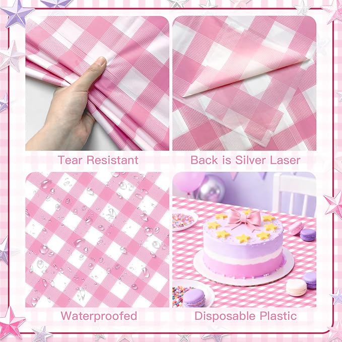 2 Pack Pink Striped Gingham Tablecloths, 54 x 108 Inch Disposable Plastic Rectangle Table Covers, Waterproof Pink and White Checkered Pink Table Cloths for Picnic, Birthday, Party, Outdoor Events