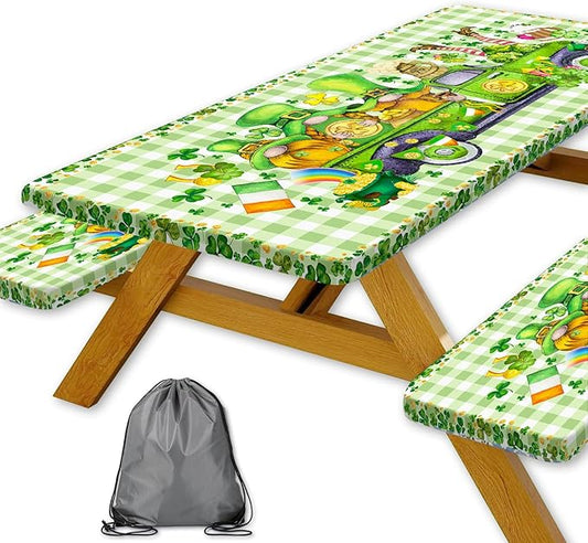 St. Patrick's Day Picnic Table Cover with Bench Covers, Camping Essentials, Plaid Truck Gnomes Clover Outdoor Table Covers, Waterproof, Fitted Tablecloth Cover with Elastic Edge, 3 PCS, 30x72 Inch