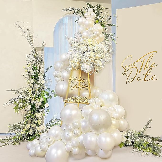 Pearl White Balloons Set, 60PCS Double Stuffed Pearl Balloons, 12 Inch Ivory Sand White Latex Transparent Clear Balloon Helium for Birthday Wedding Engagement Bridal Baby Shower Party Decorations