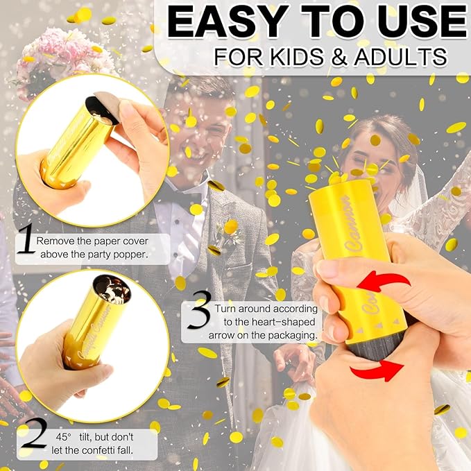 Confetti Cannon 24 Pack Small gold Confetti Poppers ideal for Weddings, Birthdays, Graduations, Baby Showers, New Year's Eve Parties Fun Party Decorations