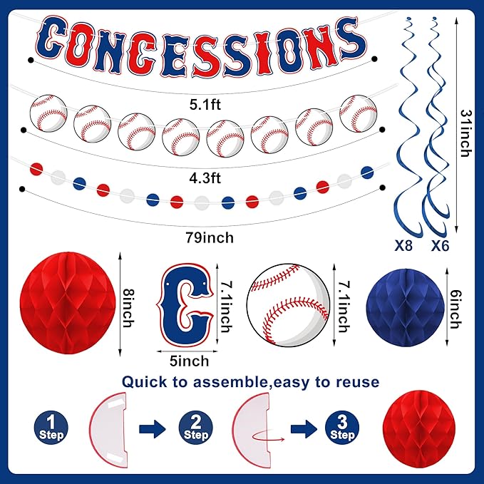Baseball Party Decorations Pre-strung Concessions Baseballs Banner with Blue Red White Honeycomb Balls Baseball Theme Hanging Swirls Circle Dots Garland for Concessions Birthday Party Decor
