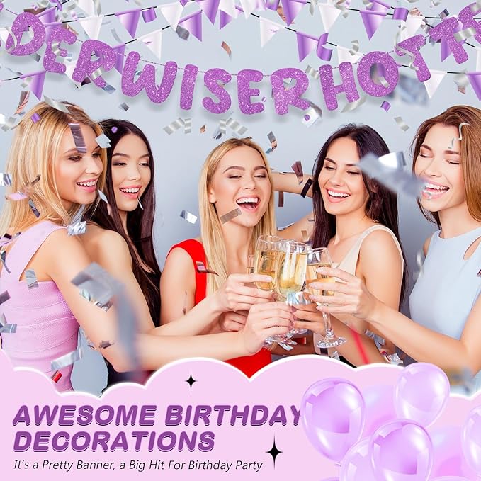 Fulmoon Set of 3 Pre Strung Older Wiser Hotter Glitter Banner Funny Birthday Banner for Women 30th 40th 50th 60th 70th 80th Birthday Party Decorations Sign Gift(Light Purple)