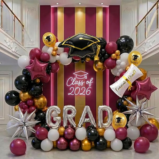 Maroon Black white Silver Graduation Balloon Garland Arch Kit with Graduation Star print Certificate Letter Mylar Foil Balloons for Graduate Class of 2026 Grad Prom party Decorations Supplies