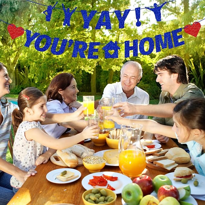 Pre-Strung Yay! You’re Home Banner, NO DIY Glitter Welcome Home Decorations for Military Army Returning Homecoming Party, Blue